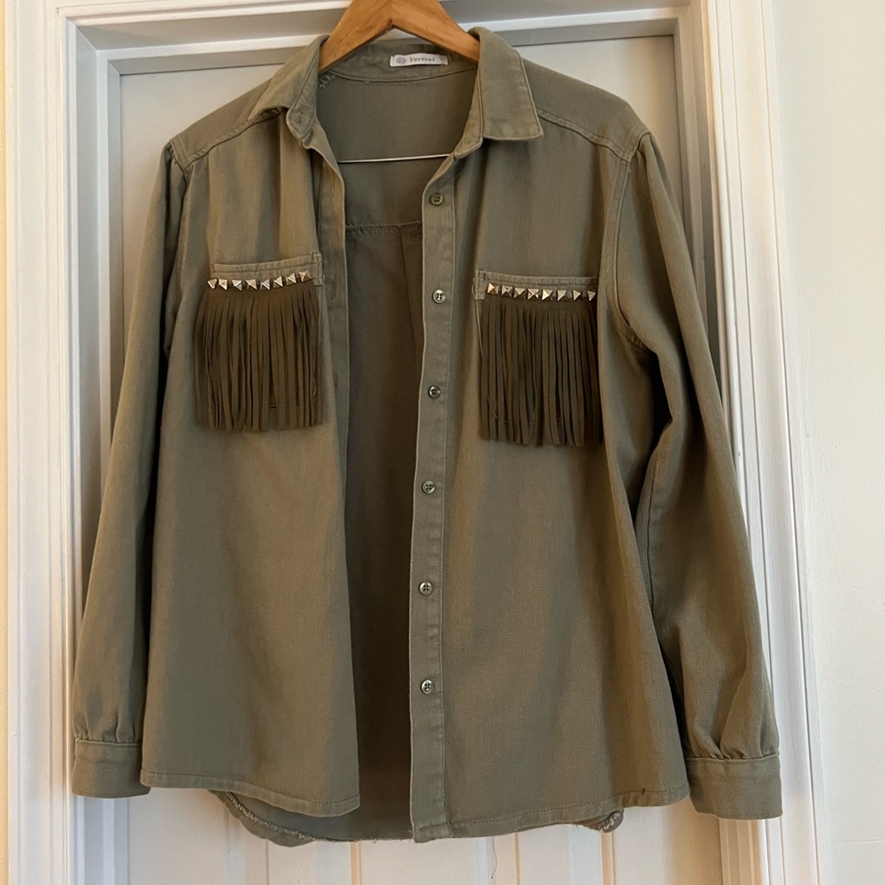 Studded Amry Green Denim Jacket with fringe